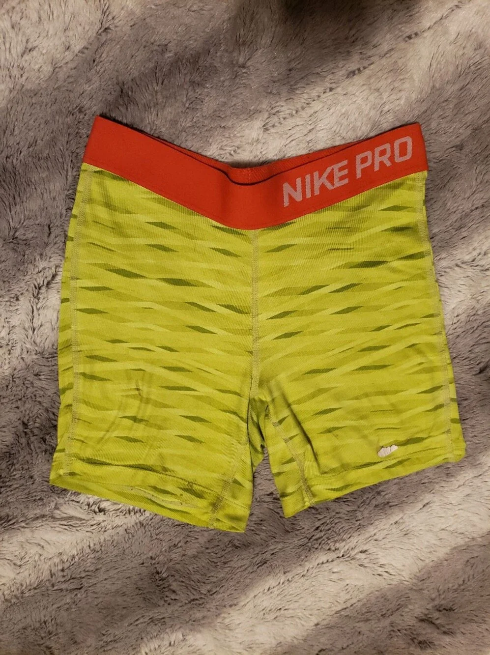 Nike Pro Lime Green Tiger Stripe Compression Shorts Orange Waistband L